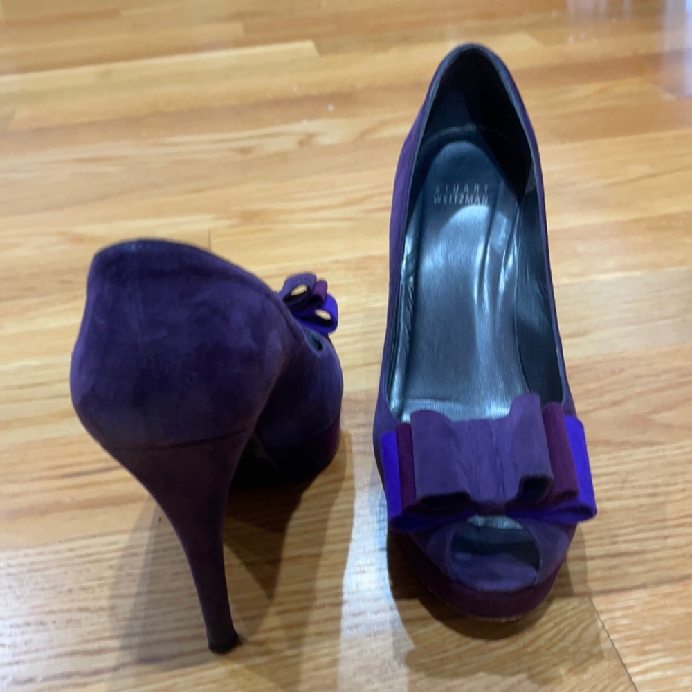 Stuart Weitzman purple suede peep toe pumps